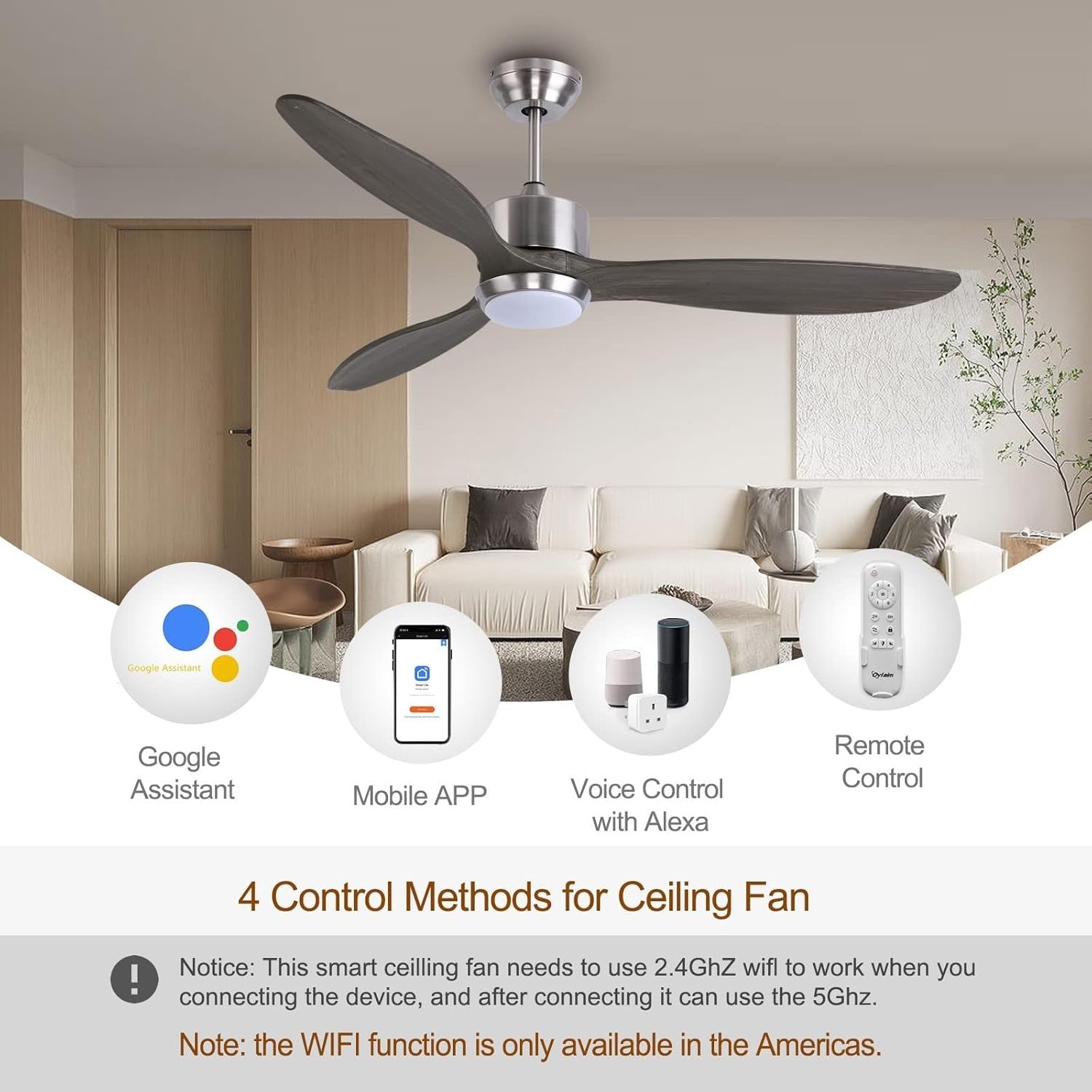 Ovlaim 132cm Solid Wood Ceiling Fan with Light, Quiet DC Motor, Remote
