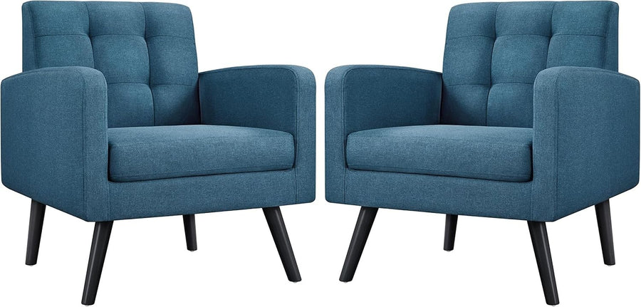 Mid Century Accent Armchair Set Navy Blue | Tufted Back Lounge Chairs