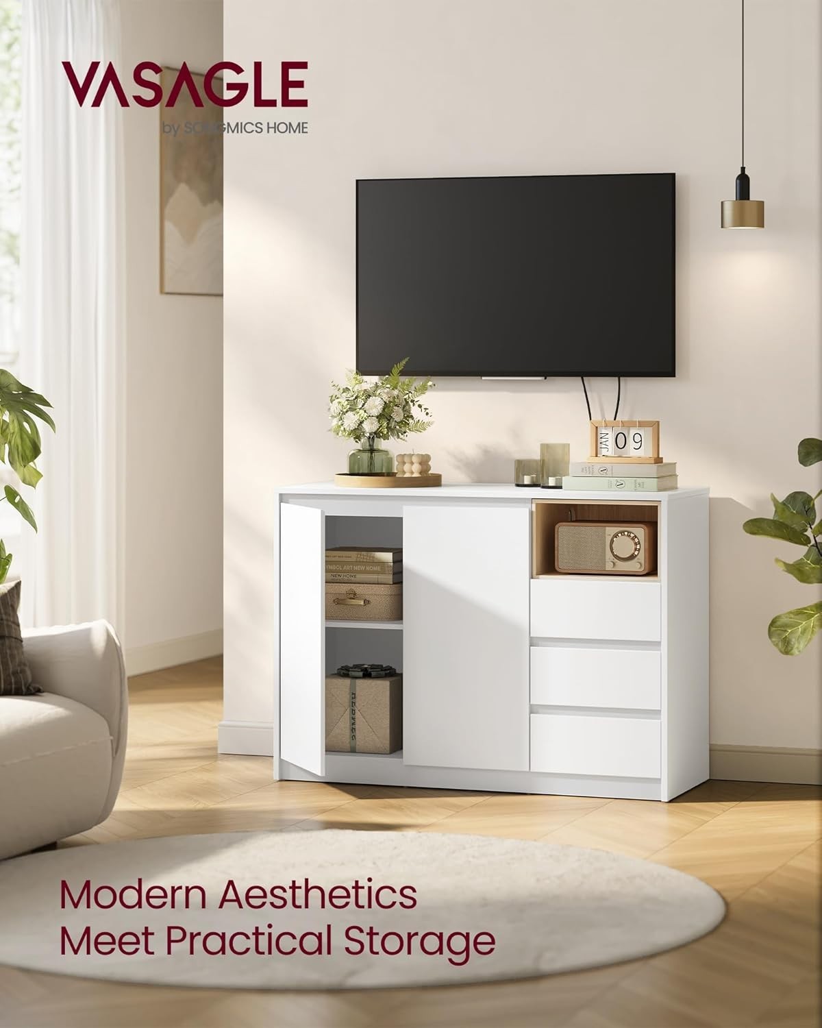 White 2 Door Sideboard with 3 Drawers & Adjustable Shelf | Storage Cabinet