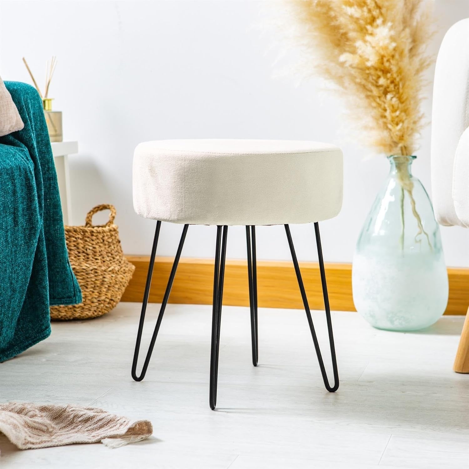 Cream Velvet Round Footstool with Black Legs, Modern Pouffe for Bedroom & Vanity