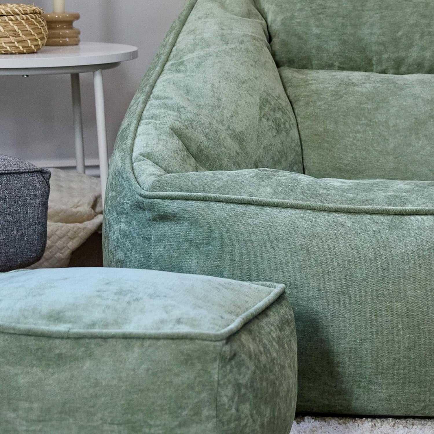 Adult Bean Bag Chair with Footstool Sage Green Comfy Armchair Set Lounge