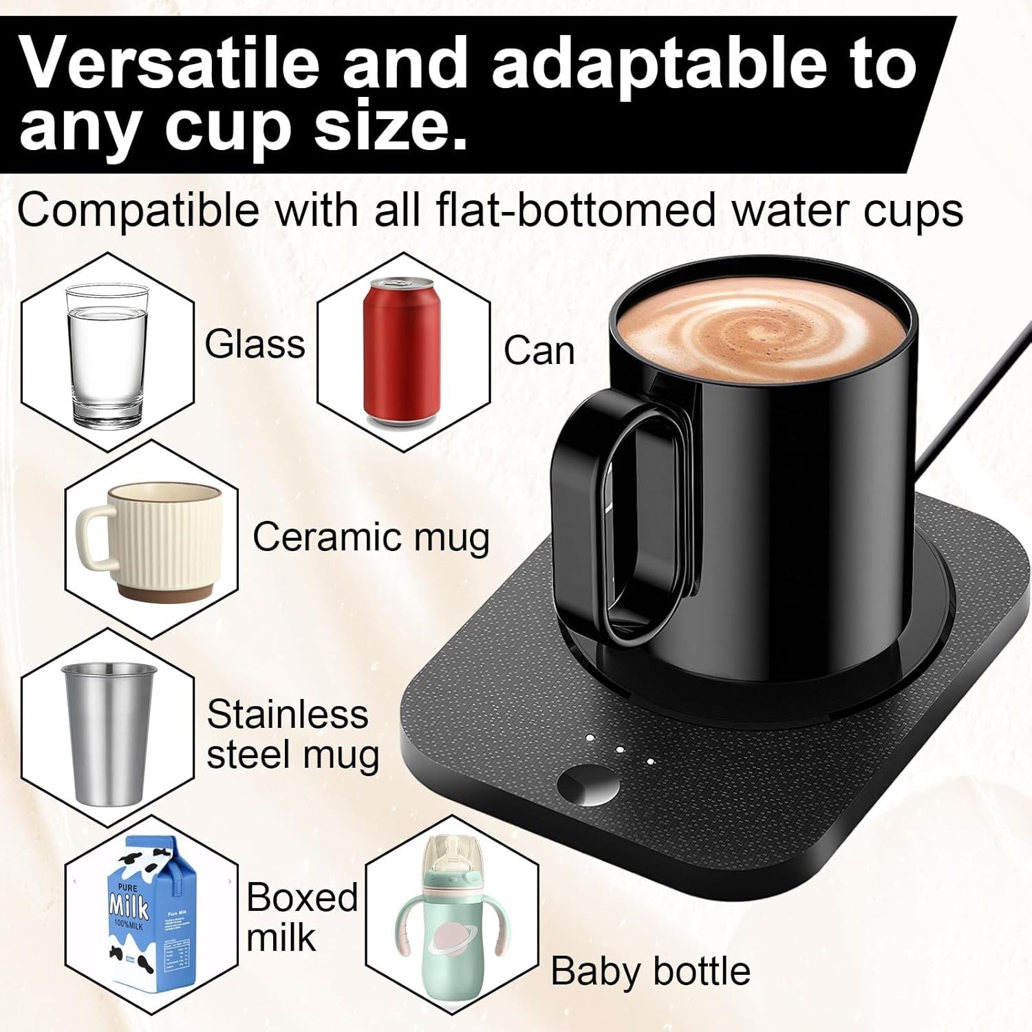 Black Desk Mug Warmer 3 Temp 50-60°C Auto Shut Off Heater