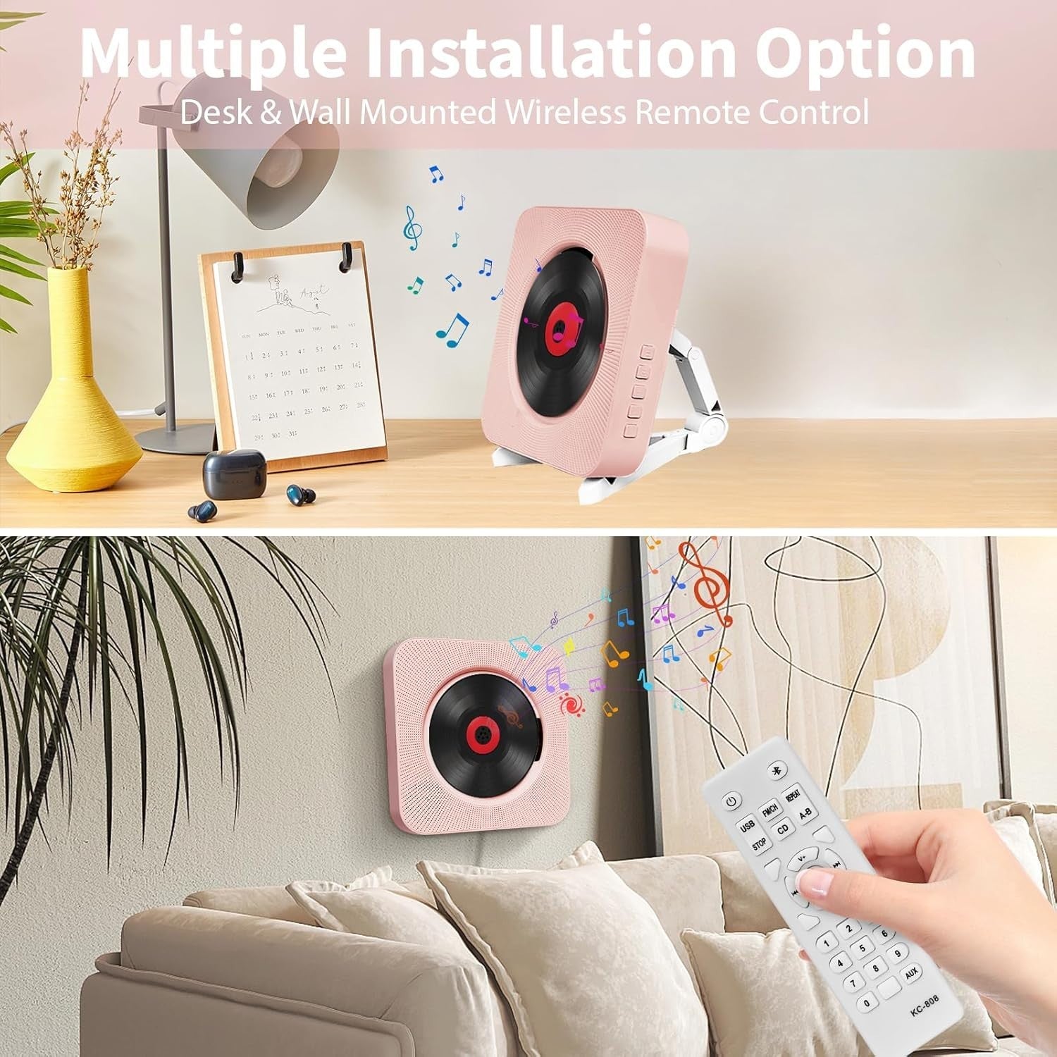 Pink Bluetooth CD Player Wall Mount Desktop HiFi Speakers FM Radio Remote