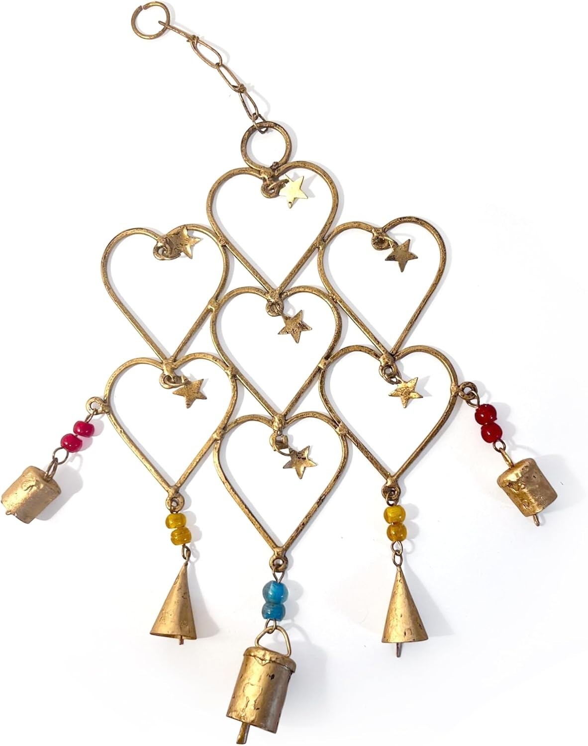 Heart & Stars Metal Windchime Garden Ornament | Distressed Boho Hanging Decor