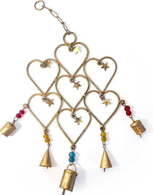 Heart & Stars Metal Windchime Garden Ornament | Distressed Boho Hanging Decor