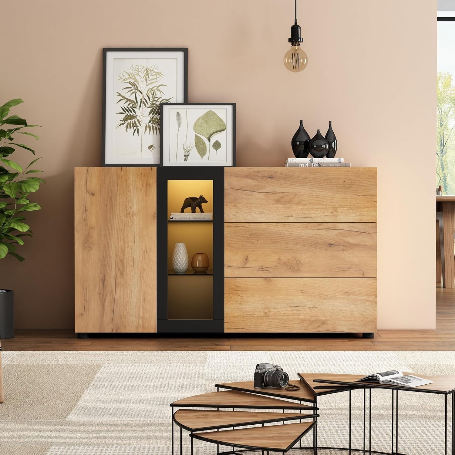 LED Sideboard Cabinet 3 Drawer Glass Shelf Unit Modern Storage Console