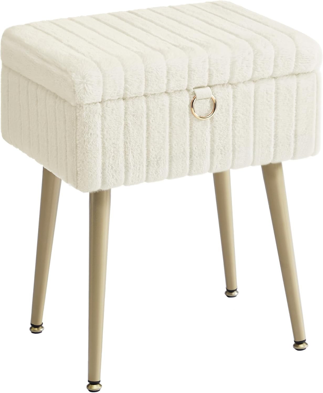Cream White Vanity Stool with Storage Plush Seat Ottoman Rectangular Chair