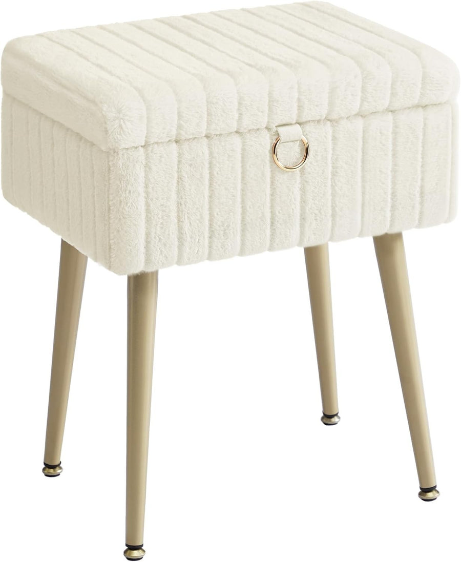 Cream White Vanity Stool with Storage Plush Seat Ottoman Rectangular Chair
