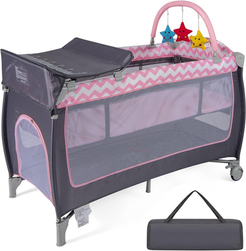 4in1 Baby Travel Cot Foldable Crib with Mattress, Changer & Storage Grey Pink