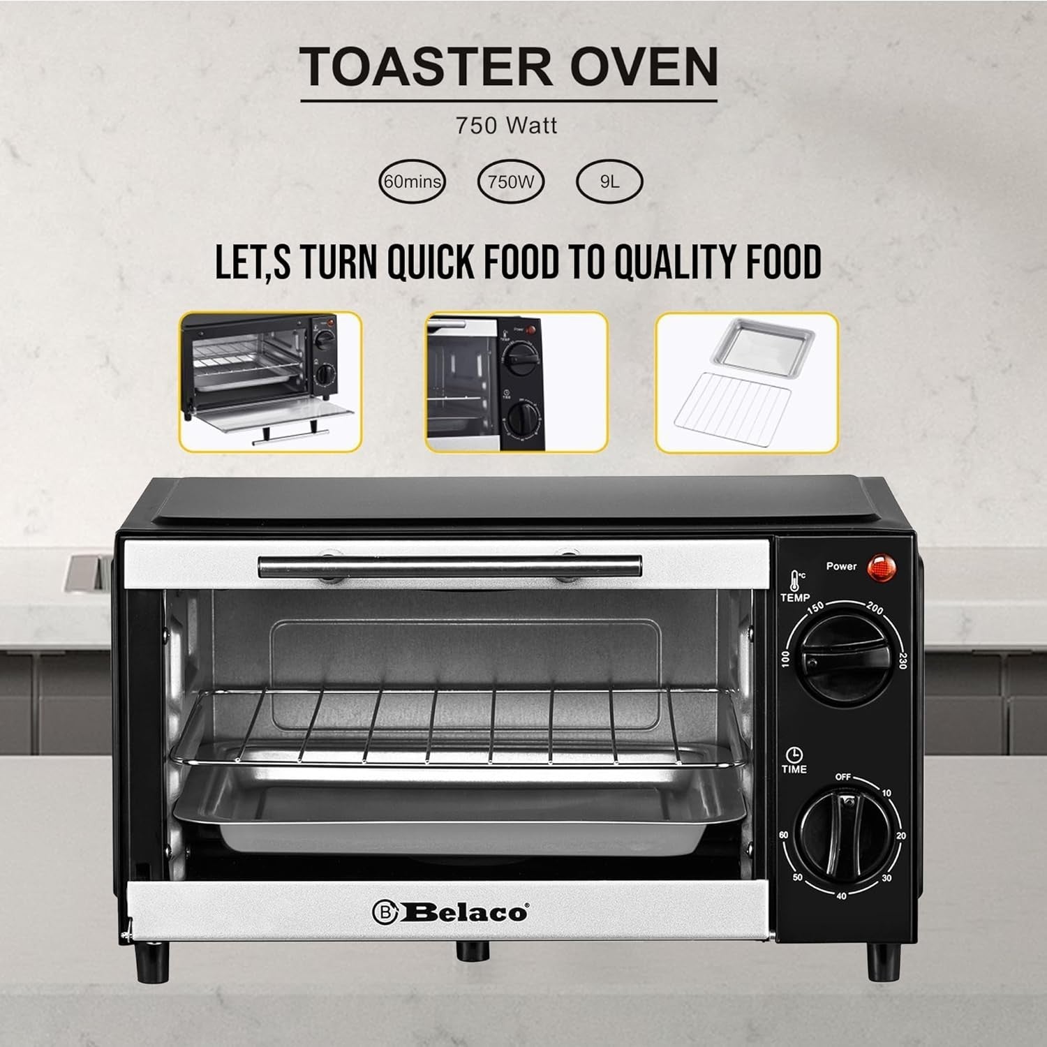 9L Mini Toaster Oven Portable Baking Grill 750W Adjustable Temp Timer