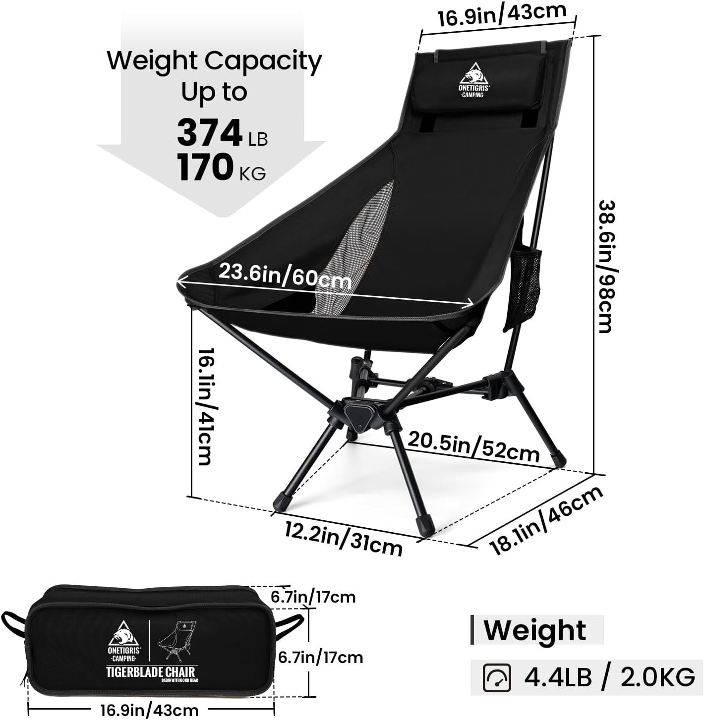 Black High Back Folding Camping Chair with Pillow, Heavy Duty 170kg Support