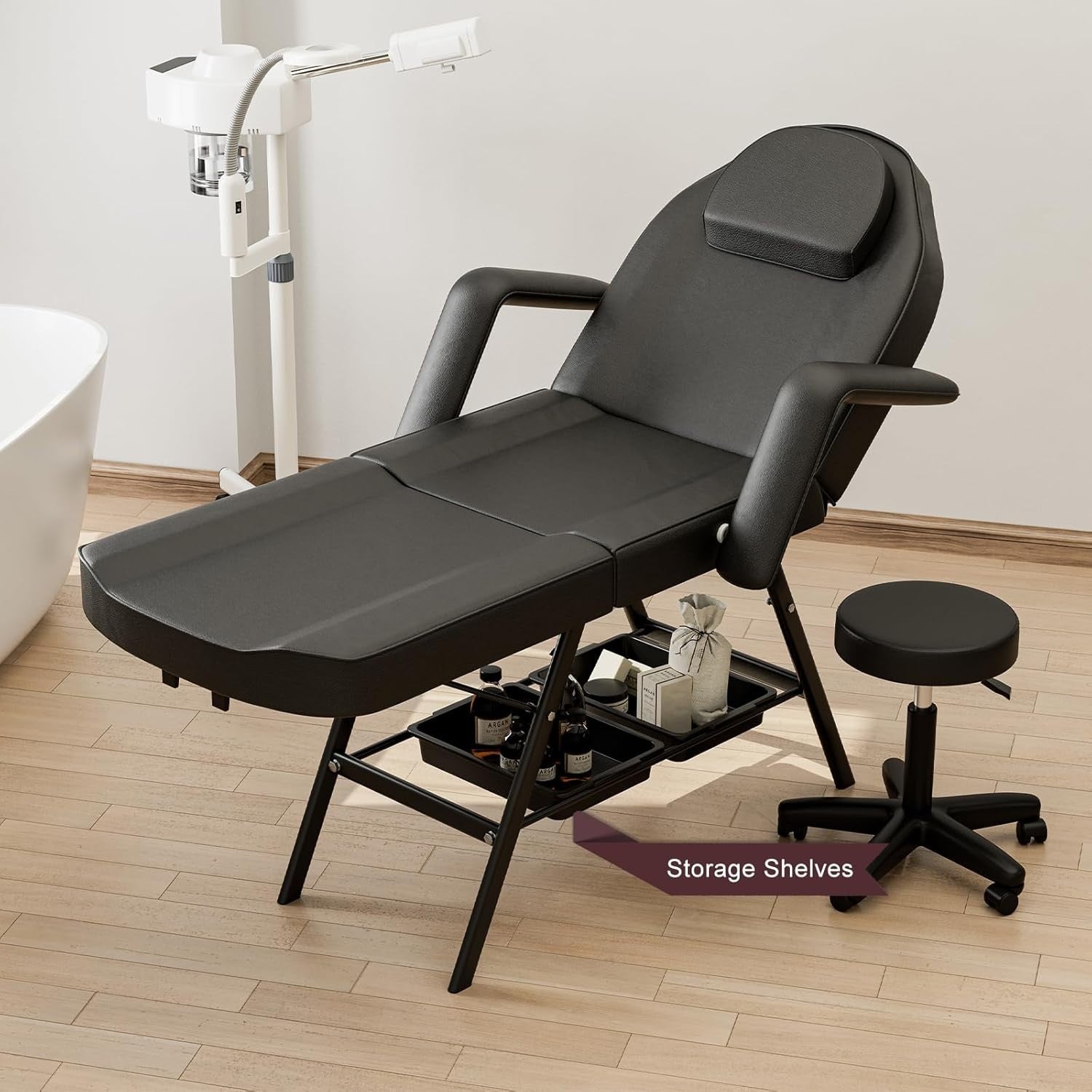 Adjustable 3-Section Beauty Massage Bed w/ Stool & Storage Shelves Black