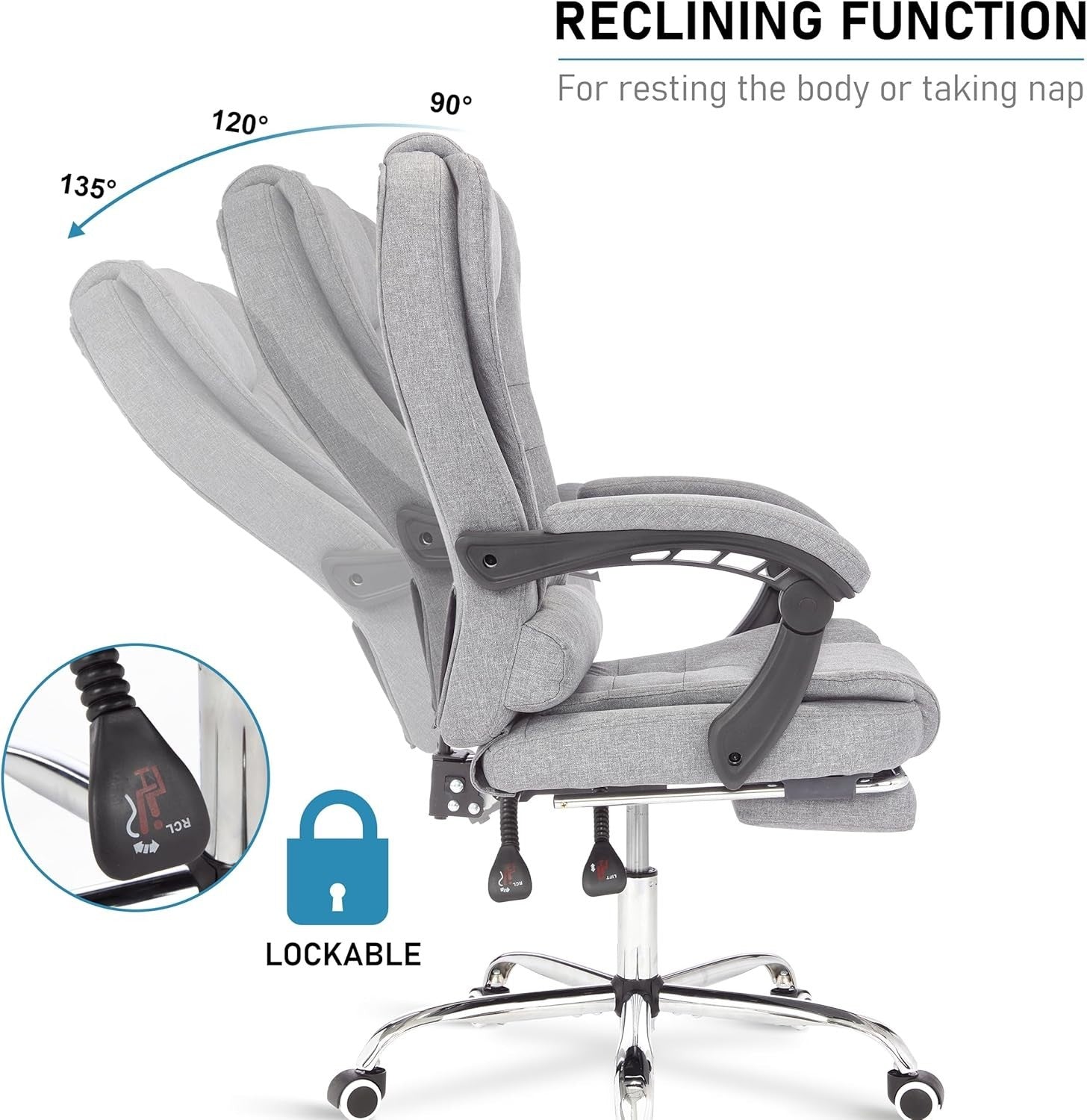 Ergonomic Executive Office Chair, Linen Fabric, Adjustable Recline & Footrest