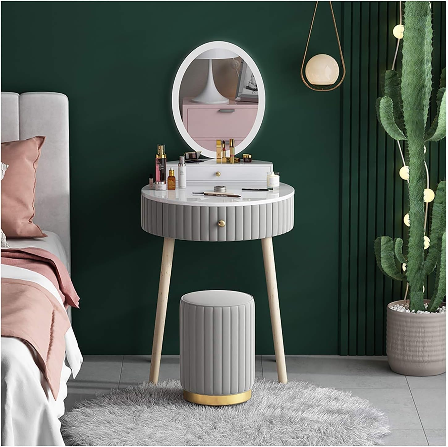 Pink Vanity Dressing Table Set Marble Top Velvet Drawers Metal Frame Stool