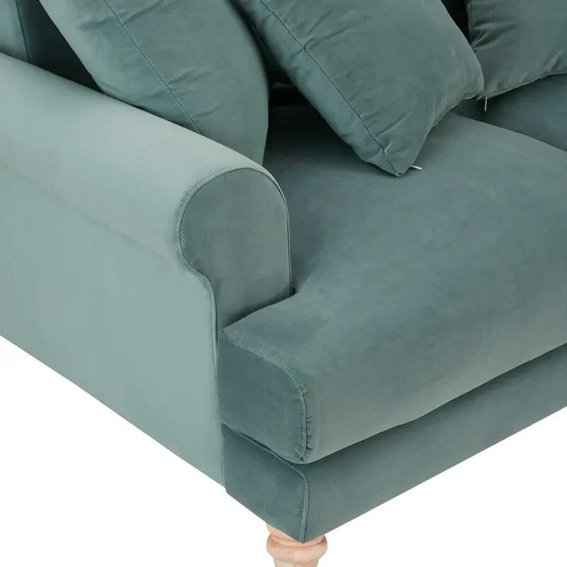 Teal Velvet 2 Seater Sofa Scatter Cushions Deep Seat Scroll Arms Wood Legs
