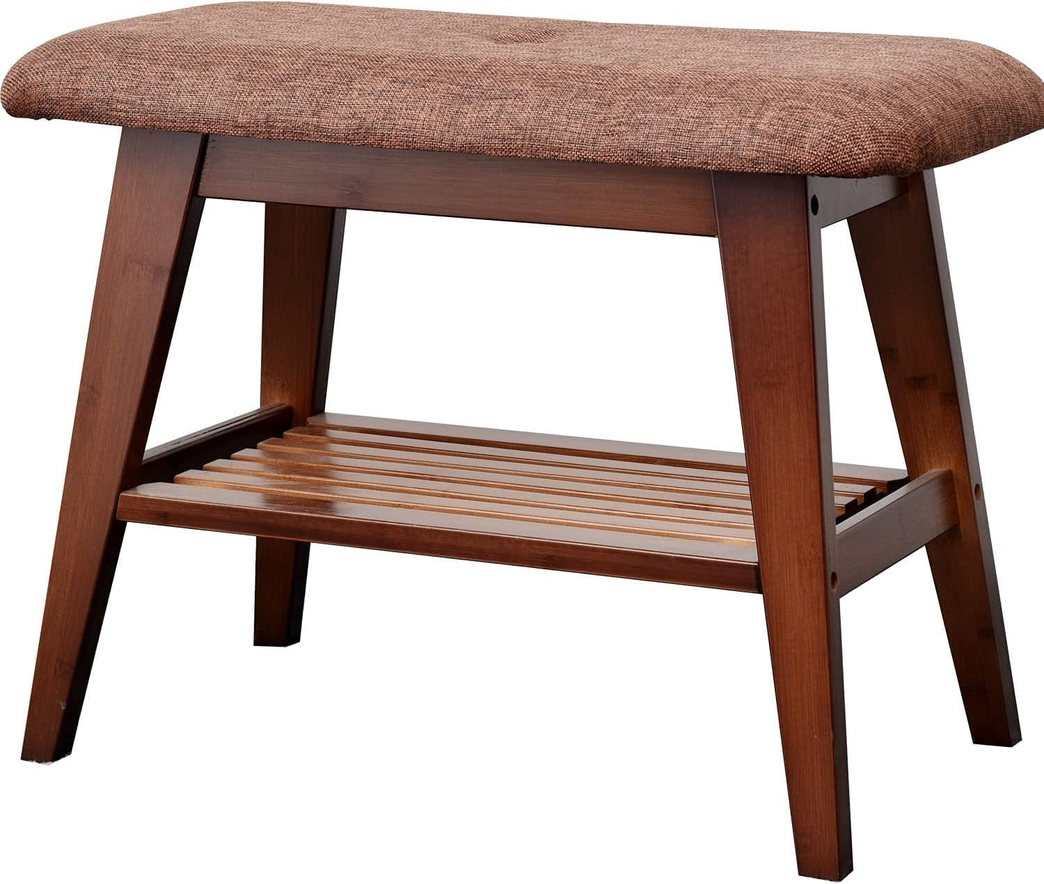 Durable Bamboo Shoe Bench with Cushion & 2-Tier Storage Rack 60cm Brown