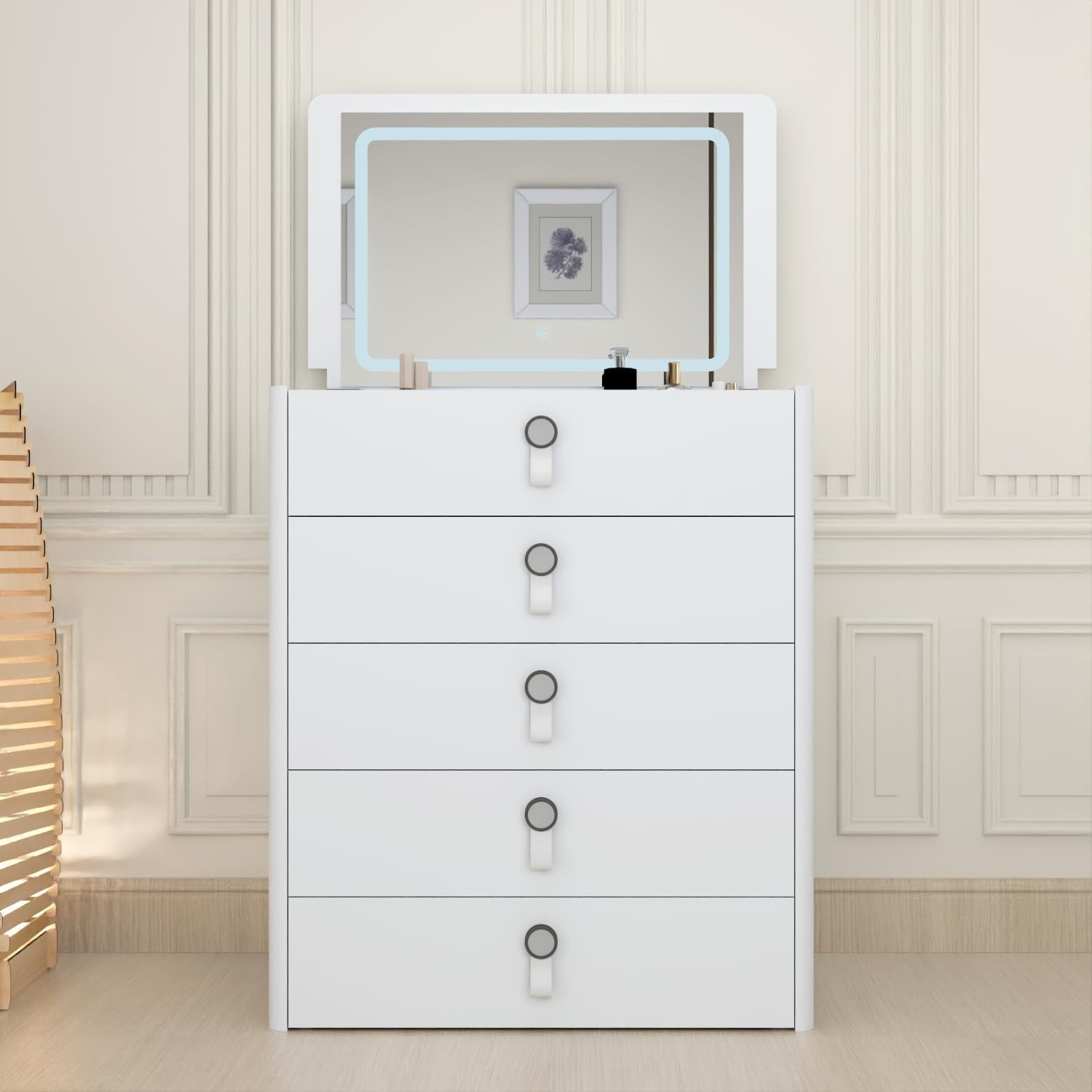 White High Gloss Dressing Table Desk 5 Drawer Flip Mirror Storage Stool 95cm