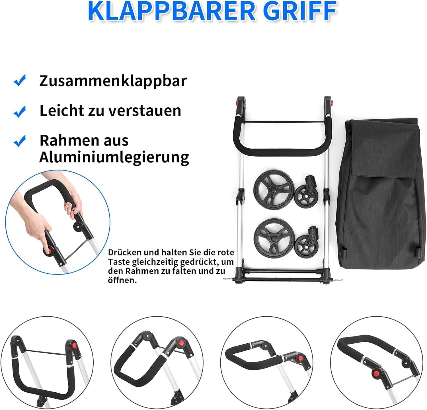 46L Folding Shopping Cart Trolley Insulated Cooler Bag Aluminum Black