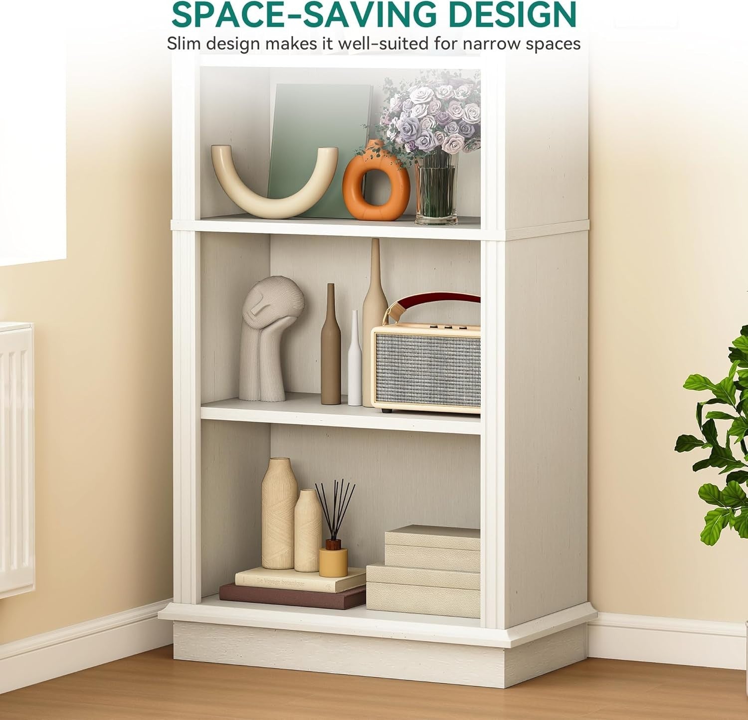 4-Tier White Upright Bookcase with Carved Design | Adjustable Shelves 140cm