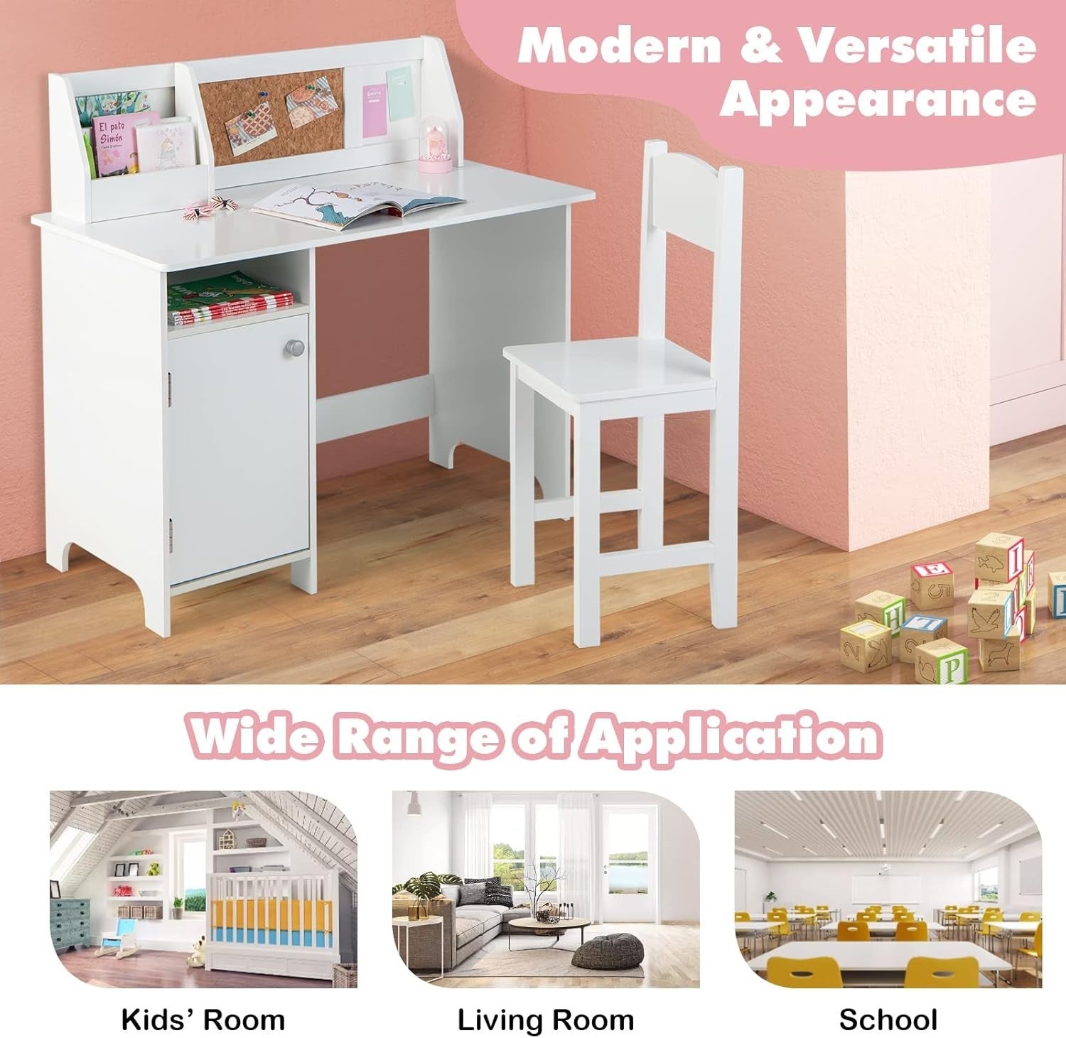 Kids Study Desk & Chair Set with Storage Cabinet, Cork Board, Ergonomic Design