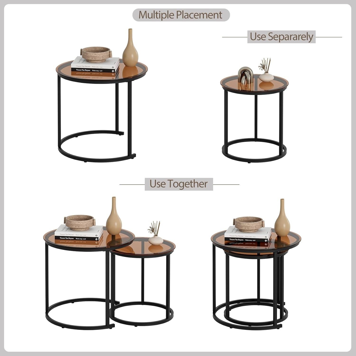 Nesting Coffee Table Set of 2 Modern Round Side End Tables for Living Room