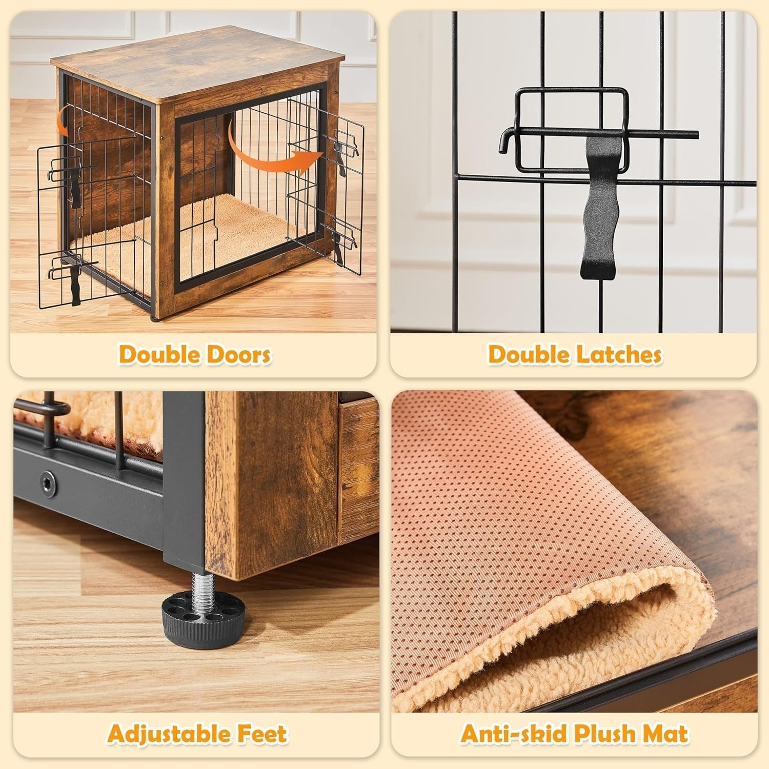 Rustic Brown Small Dog Crate Furniture with Cushion & Double Doors 69x51x61cm