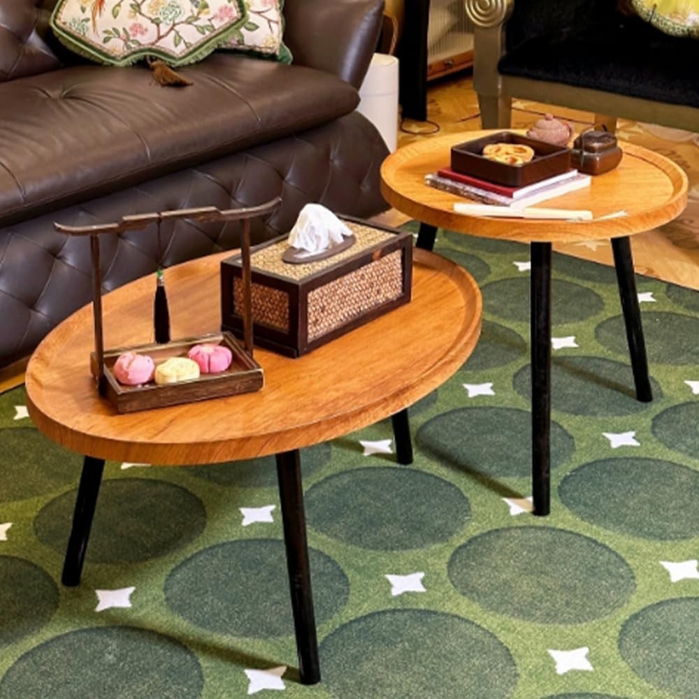 Oval Coffee Table Set Modern Living Room End Tables Wood Top Metal Frame Nature