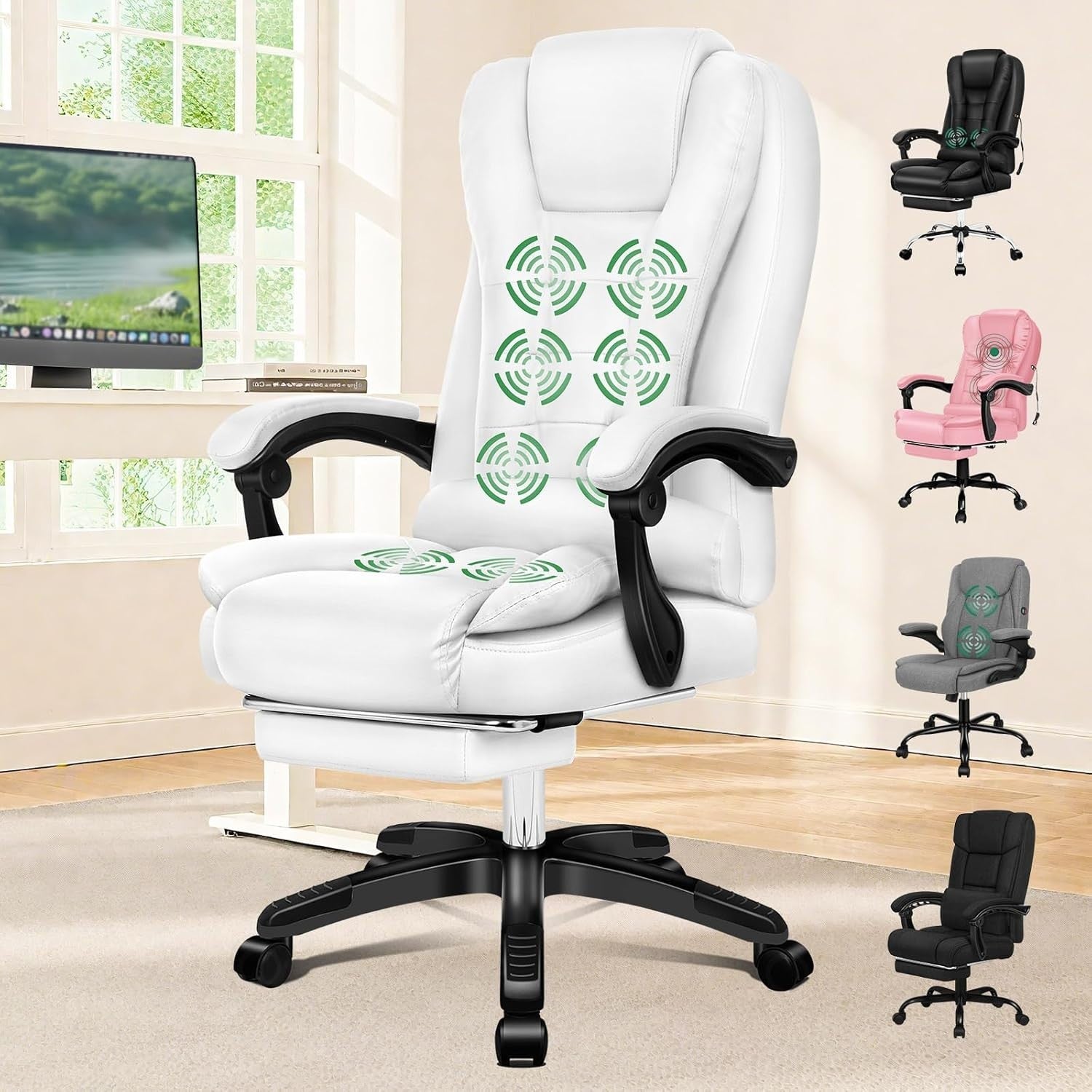 Massage Office Chair Heated 8-Point Recliner Footrest Ergonomic PU White