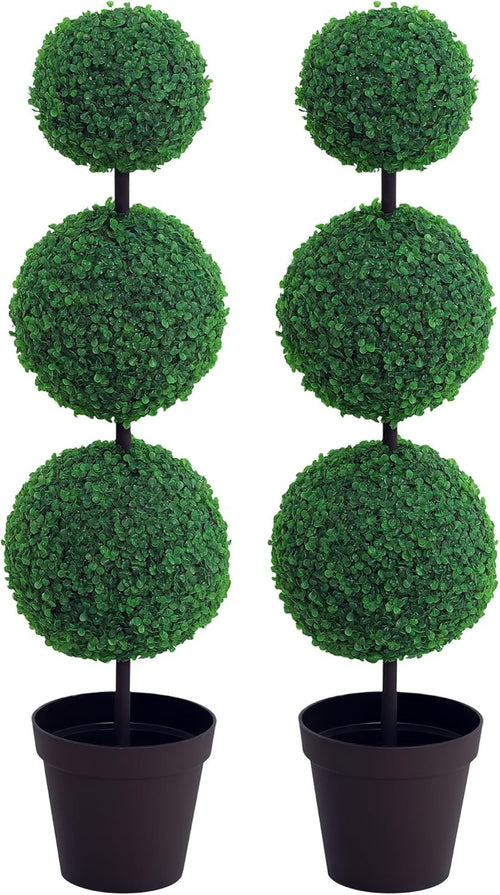 Set of 2 Artificial Boxwood Ball Trees 112cm Faux Green 3 Ball Topiary Decor