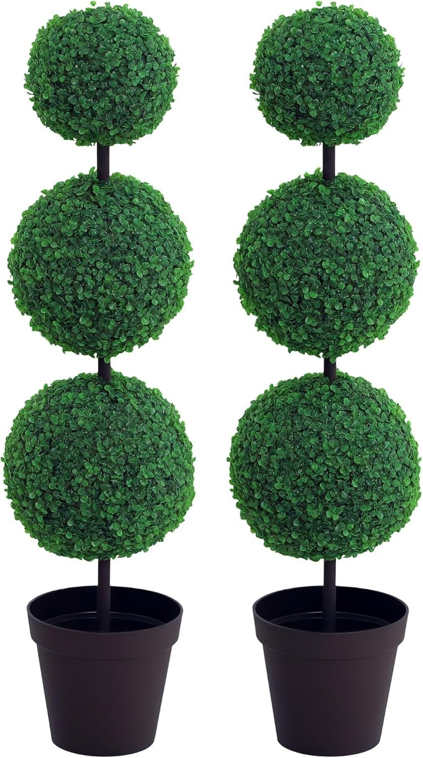 Set of 2 Artificial Boxwood Ball Trees 112cm Faux Green 3 Ball Topiary Decor