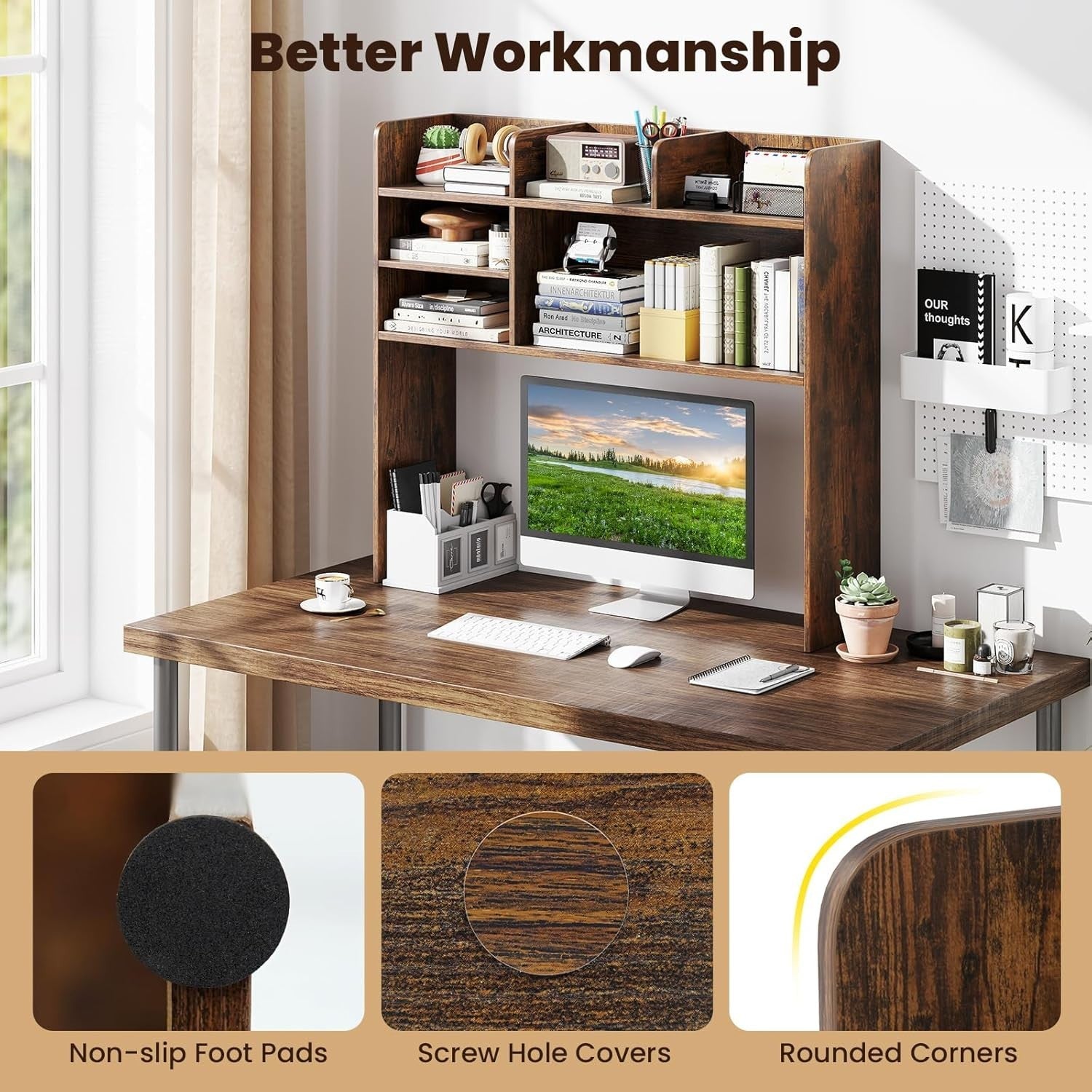 94cm Rustic Desk Hutch – 3-Tier Desktop Bookshelf with Adjustable Shelves