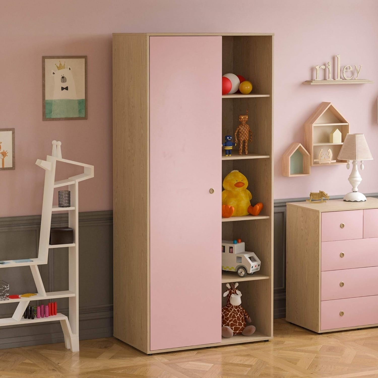 Kids 1-Door Wardrobe with Clothes Rails & Shelves – Durable Pink & Oak Storage