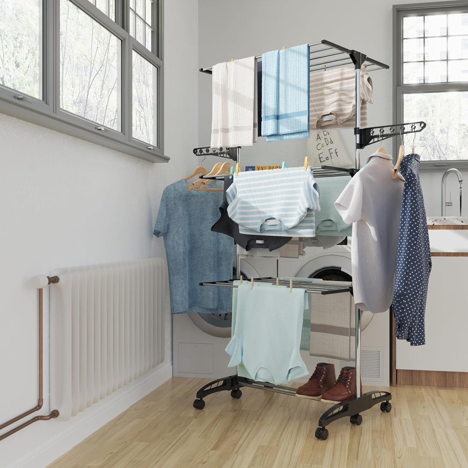 4 Tier Clothes Airer Stainless Steel Folding Laundry Drying Rack Shoe Shelf
