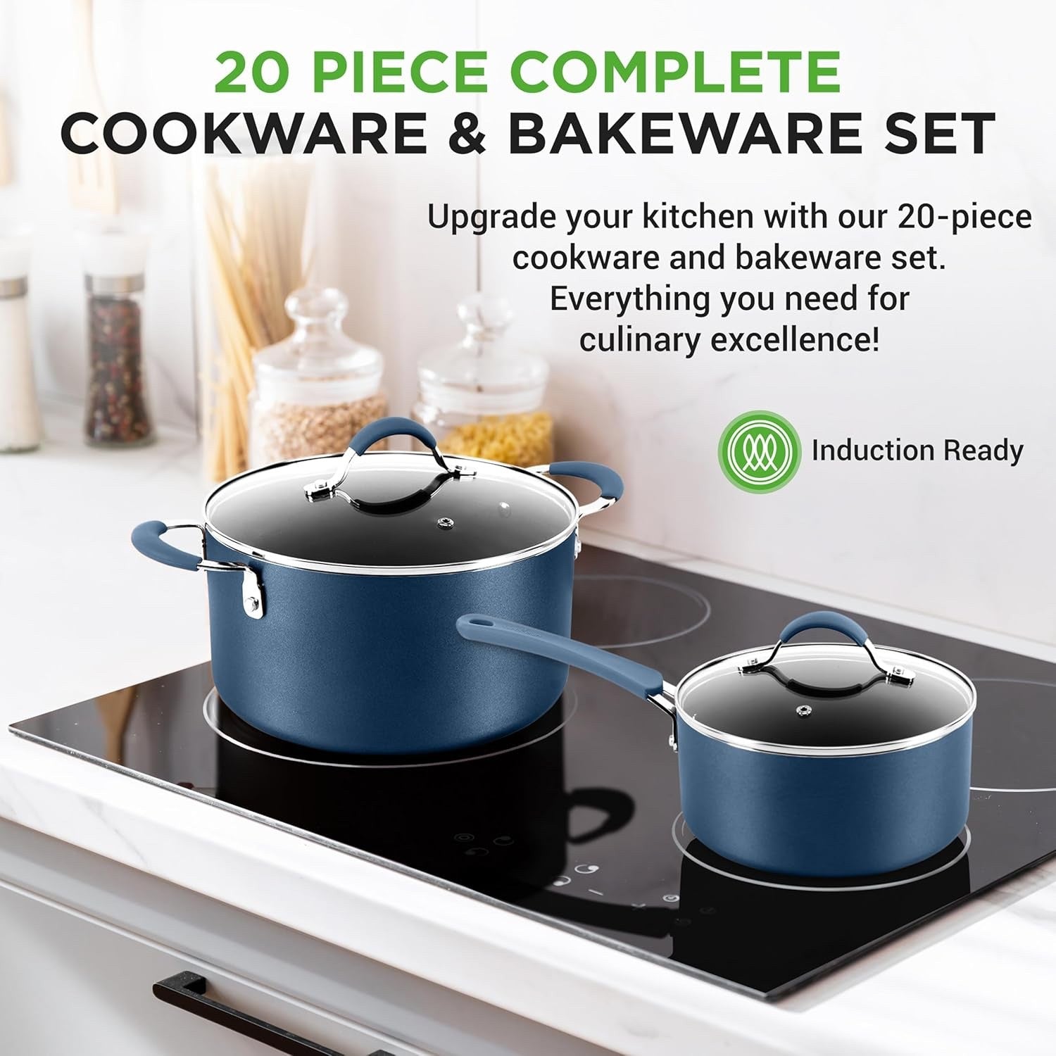 20pcs Navy Non Stick Cookware & Bakeware Set Induction Safe Pots Pans with Lids