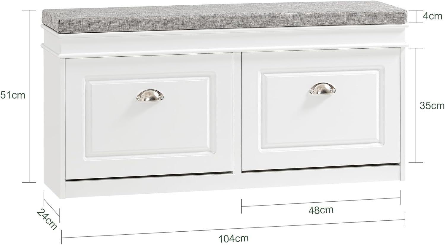 White Shoe Storage Bench with Cushion Seat & 2 Flip-Drawers – Slim Hallway Cabin