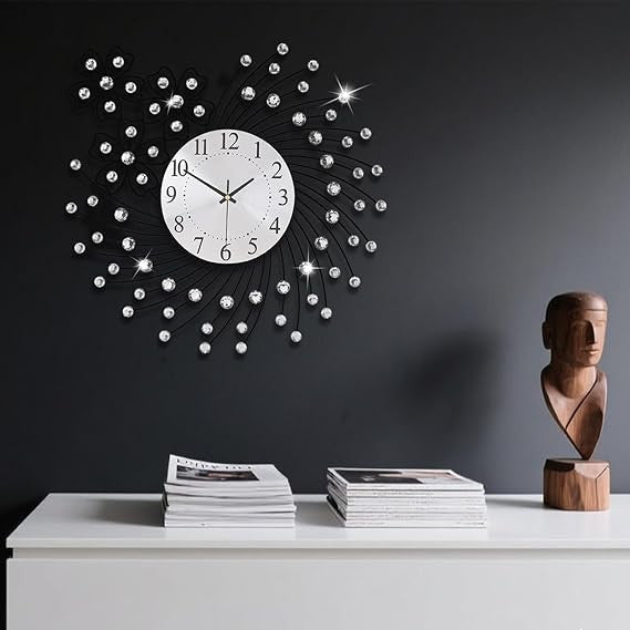 Large 50cm Silver Crystal Wall Clock Silent Modern Luxury Metal Round Decor