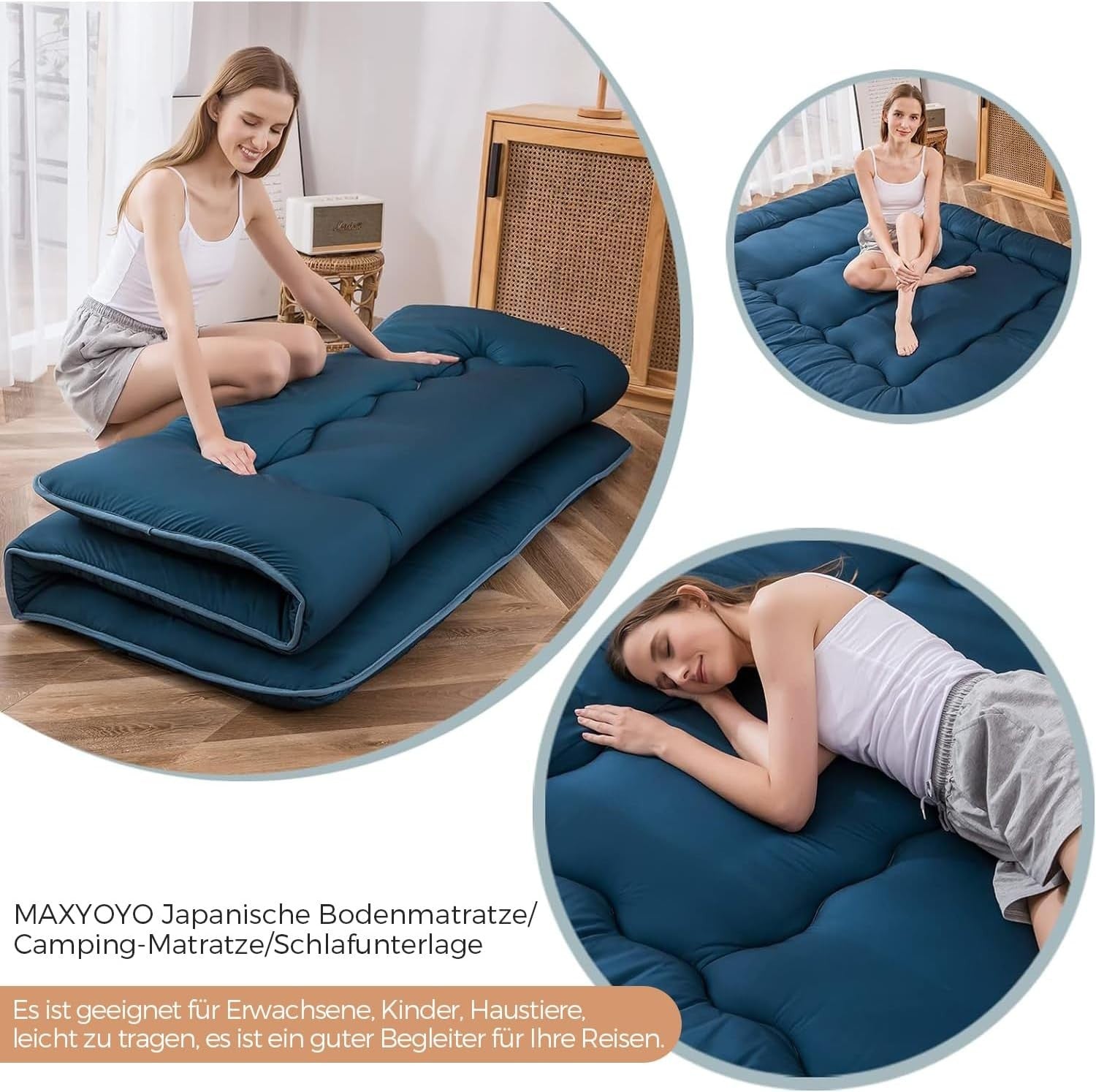 Blue Double Foldable Futon Mattress | Thick Tatami Sleep Pad, Portable Lounger