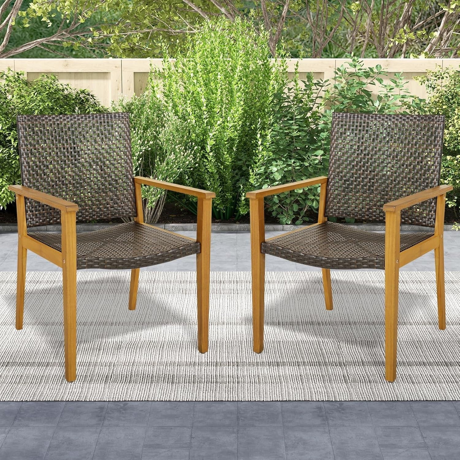 4x Garden Dining Chairs Acacia Wood Rattan Armchairs Outdoor Patio Set