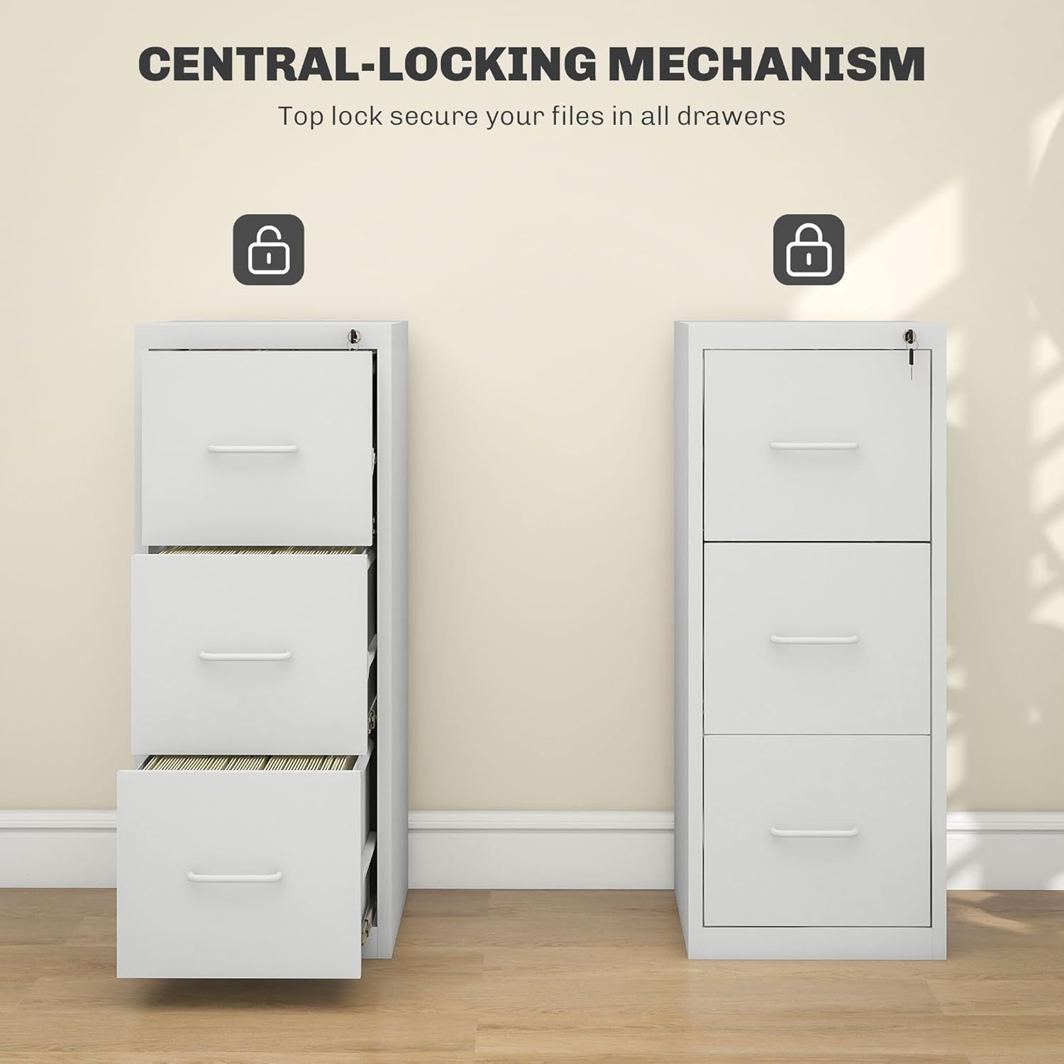 Cream White Steel Filing Cabinet 3 Drawer Lockable 99cm Office