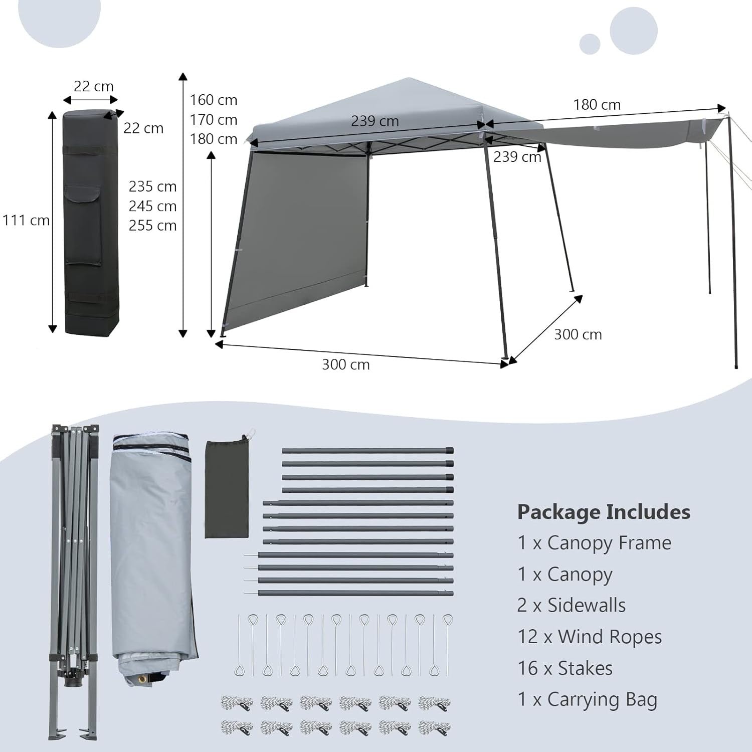 3x3M Gray Pop-Up Canopy Tent UPF50+ Outdoor Gazebo w/ 2 Sidewalls