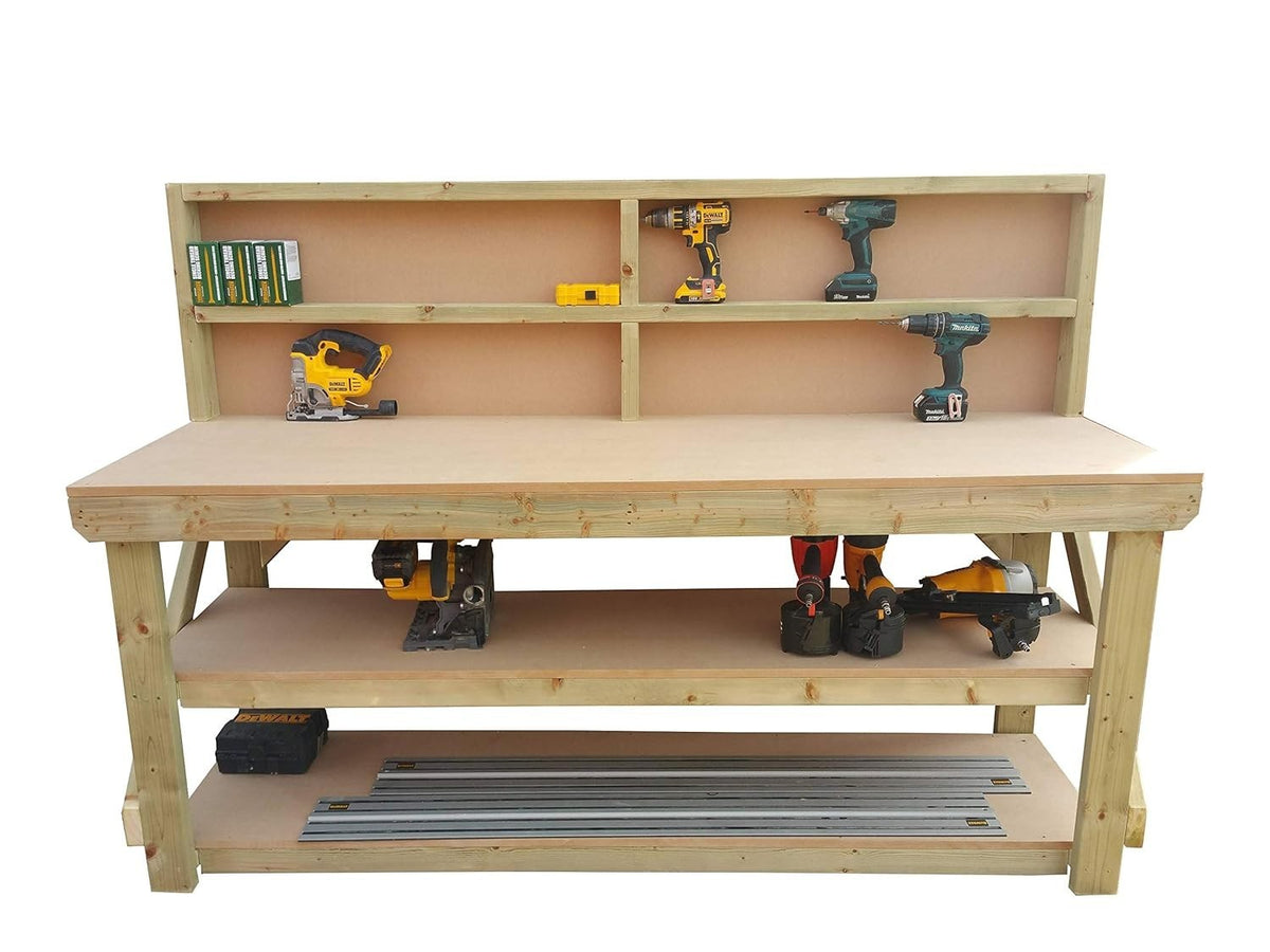 8ft Heavy Duty Wooden Workbench MDF Top Backboard Double Shelf Garage Table