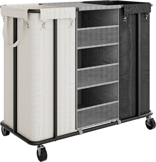 200L Rolling Laundry Sorter 2 Section with Wheels Hanging Bags & Shelves Beige
