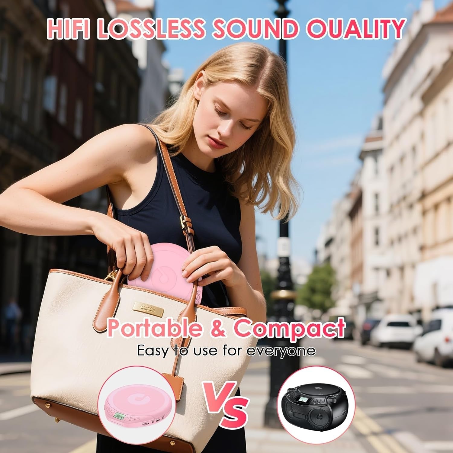 Personal CD Player Portable Anti-Skip LCD Display AUX Car Earphones Pink