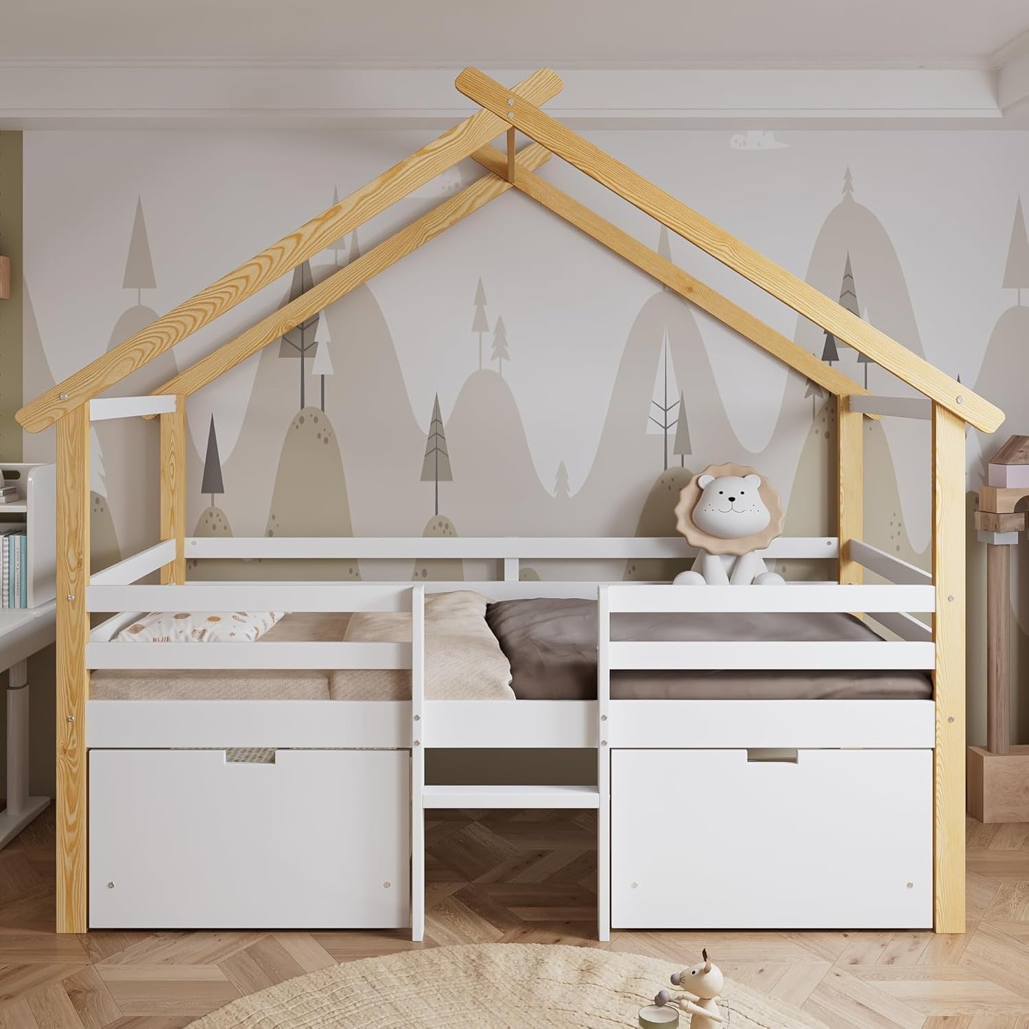 Kids Cabin Bed w/ Drawers 3FT 90x190cm House Frame, Storage & Guardrail