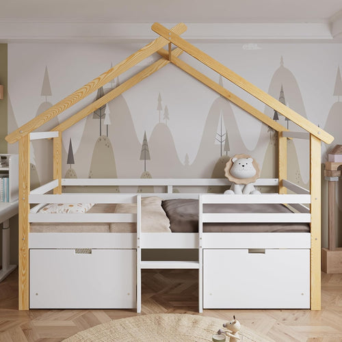 Kids Cabin Bed w/ Drawers 3FT 90x190cm House Frame, Storage & Guardrail