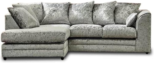Silver Crush Velvet Left Hand L-Shaped Sofa – Foam Filled, Fire Resistant