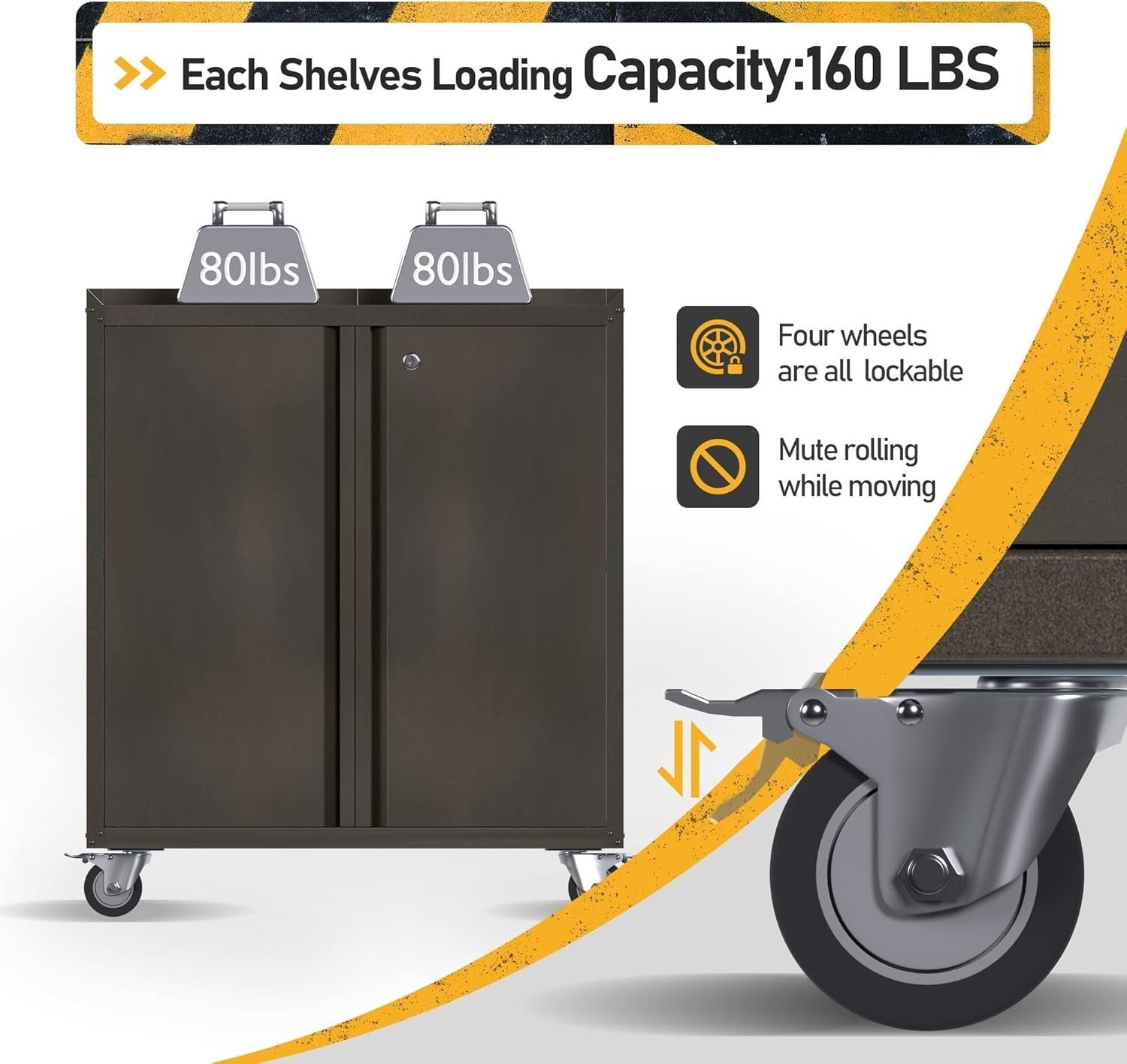 Rolling Metal Storage Cabinet with Wheels, Adjustable Shelves & Hooks, 2 Doors
