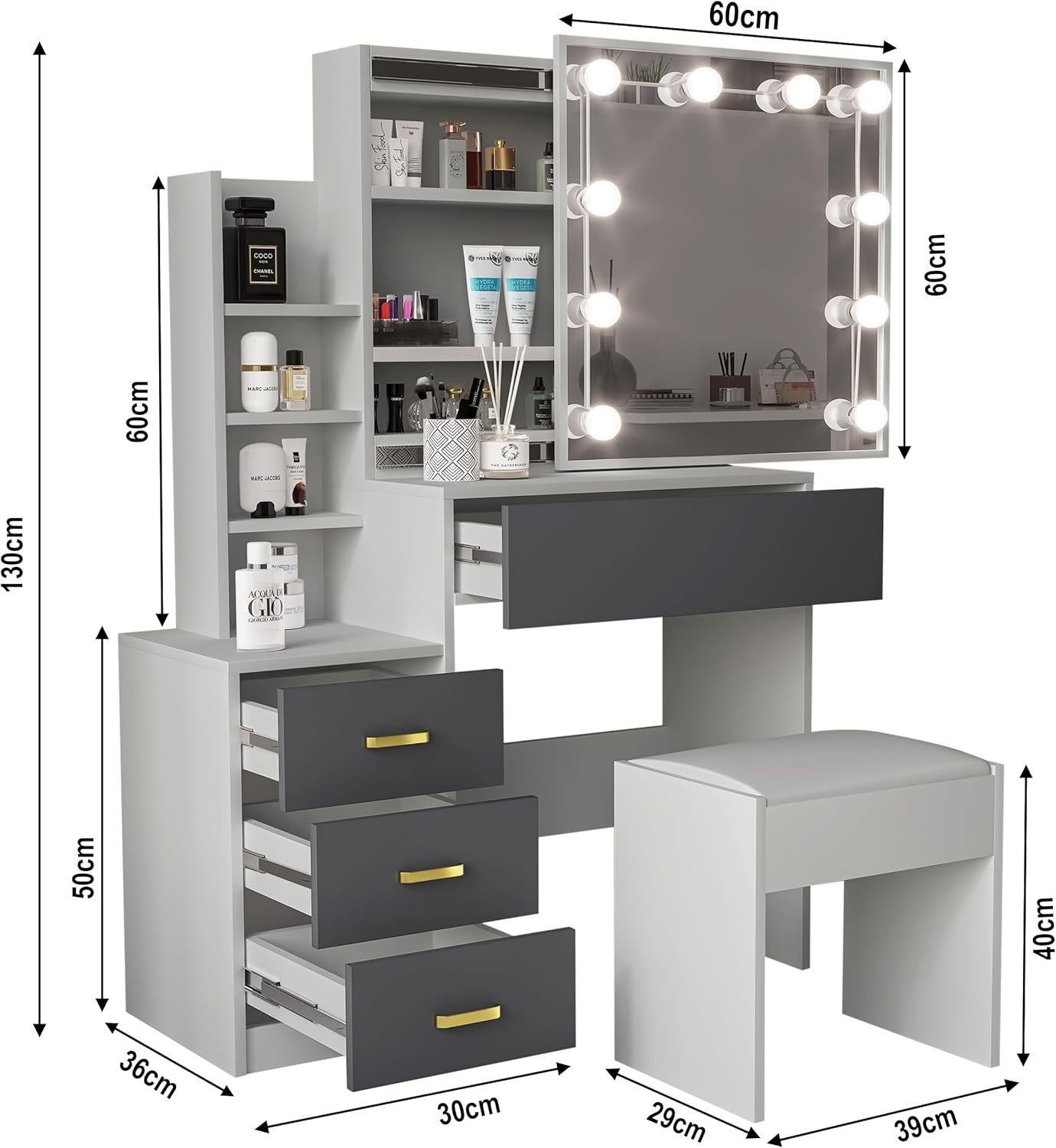 Large White Vanity Desk w/Lighted Mirror 7 Drawers Open Storage Modern Dresser