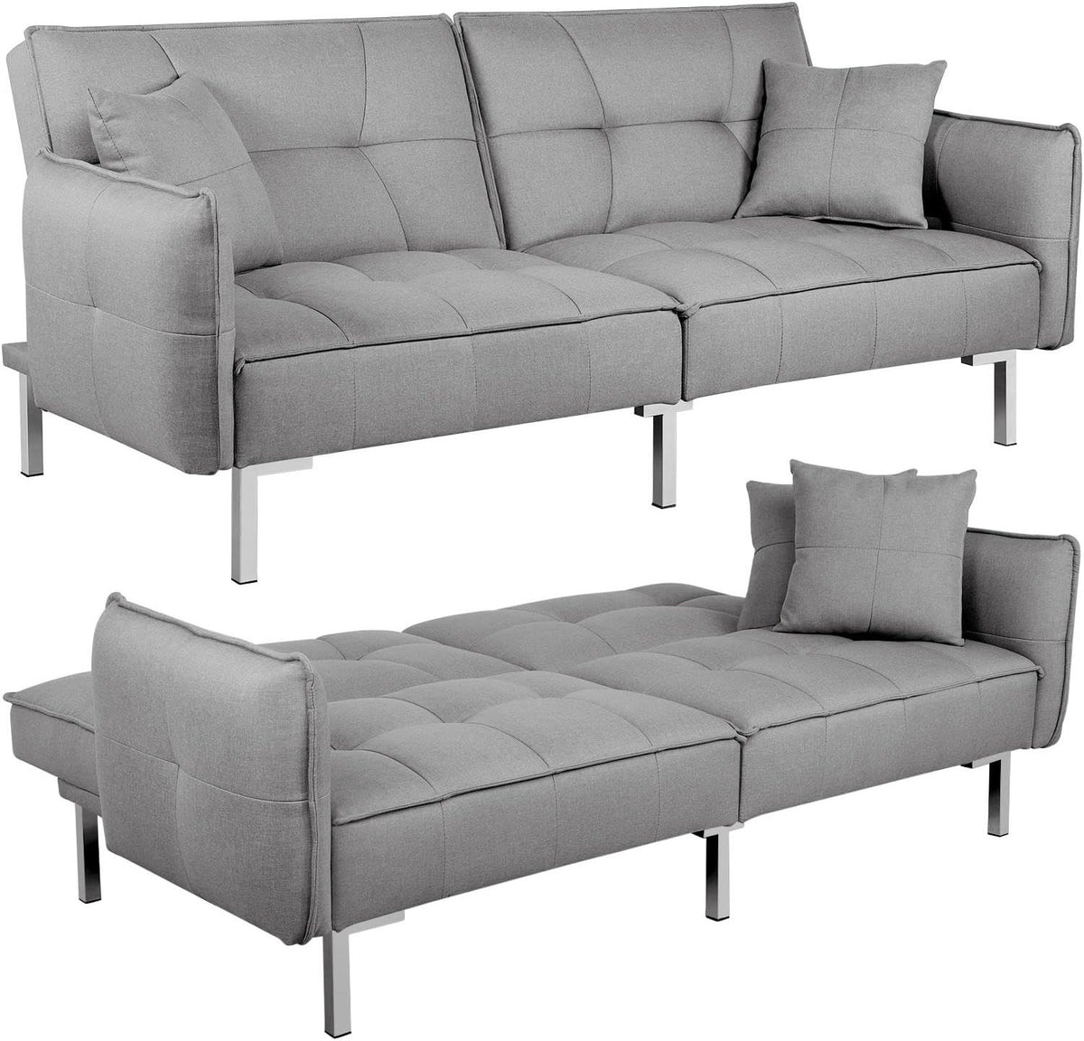 Grey Sofa Bed 3 Seater Click Clack Recliner with Arms & Cushions