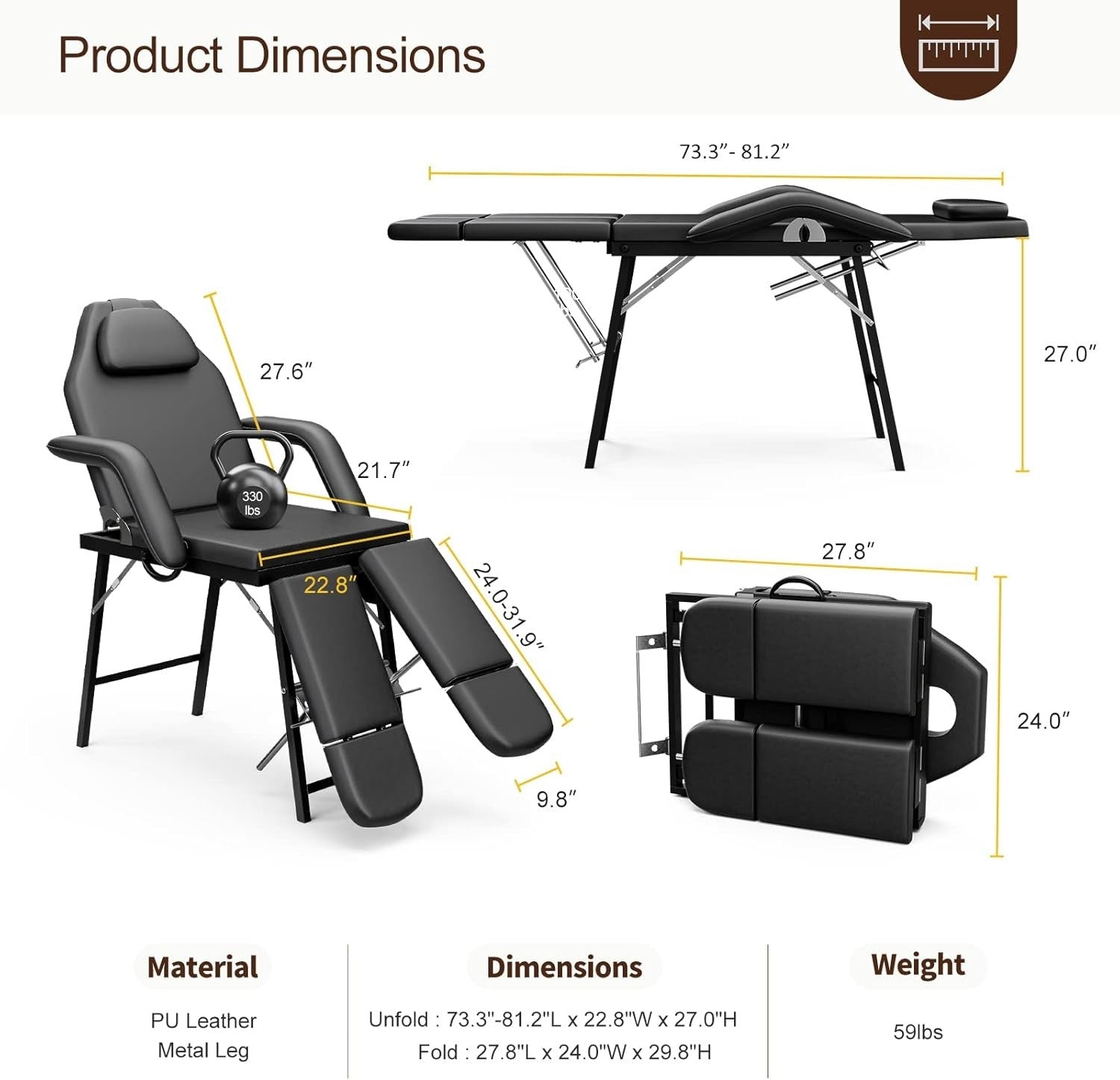 Portable 3-Section Split-Leg Massage Table Folding Beauty Tattoo Bed Black